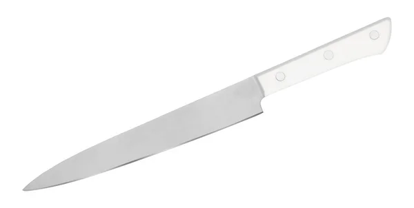Couteau japonais en acier pour trancher les fruits de mer et les sushis de poisson. Couteau de cuisine isolé sur fond blanc avec chemin de coupe. Vue du dessus — Photo