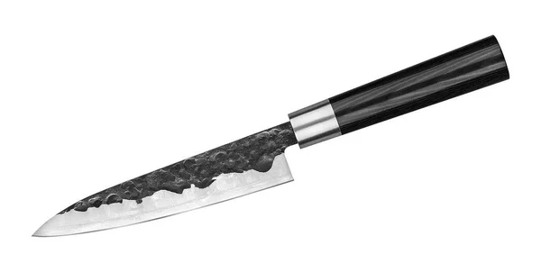 Japán acél univerzális konyhai kés gyuto fehér alapon. Főkés izolált Vágógörbe. Felülnézet — Stock Fotó