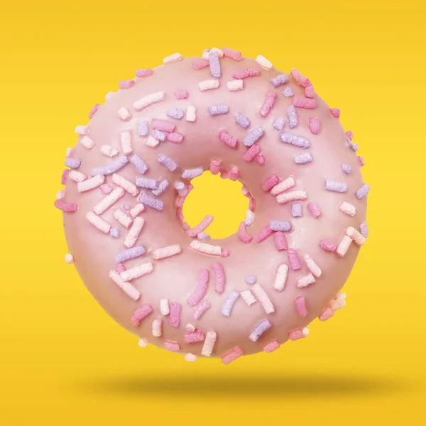 Sweet food layout made of Donut on pastel yellow and orange background. Colorful tasty Donut closeup in flying for your design