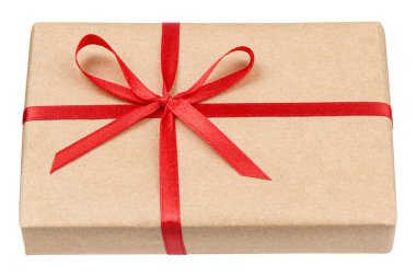 Beyaz zemin üzerinde kırmızı kurdele yayı olan el işi hediye kutusu