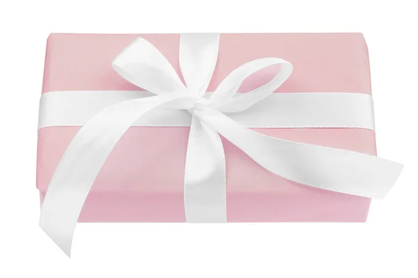 Caixa de presente rosa com fita branca e arco isolado no fundo branco — Fotografia de Stock