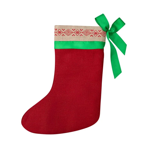 Christmas red sock isolated on white background. Christmas sock with satin green ribbon bow — Stock Photo, Image