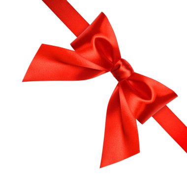 Beyaz arka planda izole edilmiş parlak kırmızı ipek kurdele. Kopya alanı ile Noel dekorasyonu