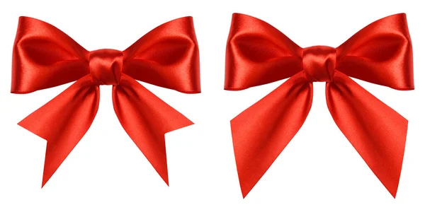 红色礼弓，白色背景隔离。 亮晶晶缎子特写丝带弓。 假日圣诞装饰作为设计元素 — 图库照片