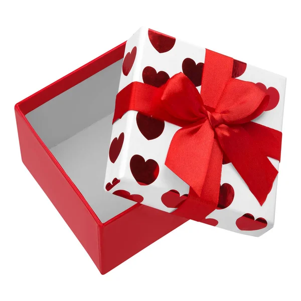 Open empty red gift box with ribbon and bow isolated on white background — Stock Photo, Image