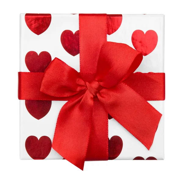 Gift box white and red color isolated on white background. Top view gift box closeup with red ribbon and bow — Stock Photo, Image