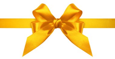 Beyaz arka planda parlak altın rengi saten kurdele ve fiyonk. Noel kartı.