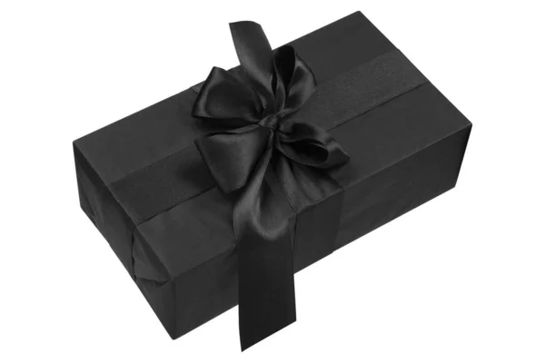 Zbliżenie pudełka prezentów izolowane na białym tle. Holiday luksusowe czarne pudełko prezent — Zdjęcie stockowe