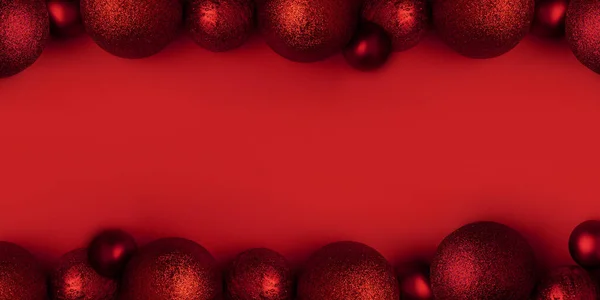 Composition de Noël d'ornements rouges boules boule. Décorations de Noël sur fond rouge. Pose plate, vue du dessus, espace de copie — Photo