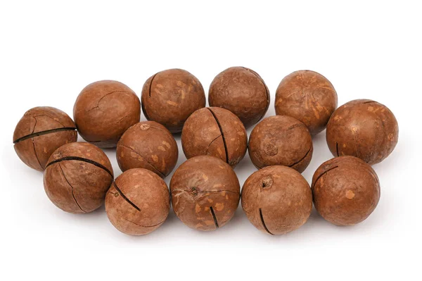 Nueces ecológicas macadamia aisladas sobre fondo blanco. Montón de nueces de macadamia sin cáscara primer plano para su diseño —  Fotos de Stock