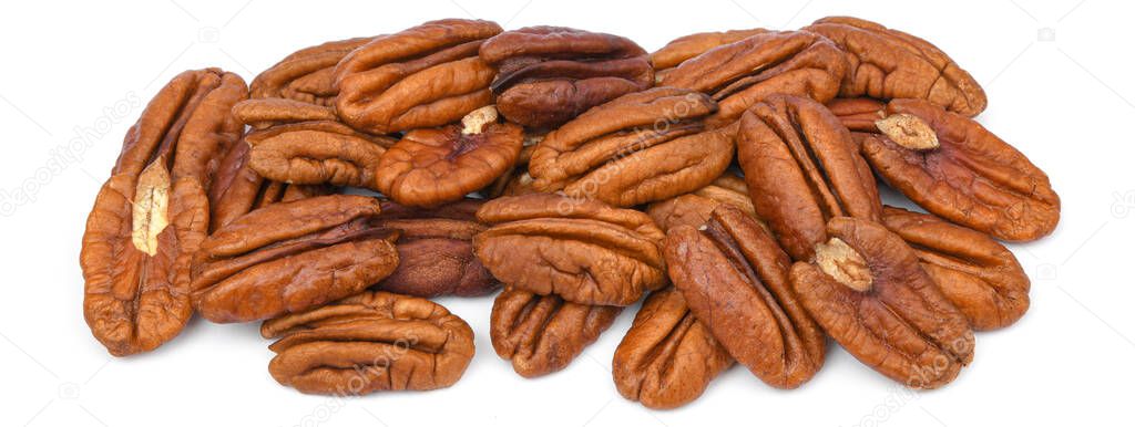 Pile Pecan nuts isolated on white background. Heap shelled Pecans nut closeup
