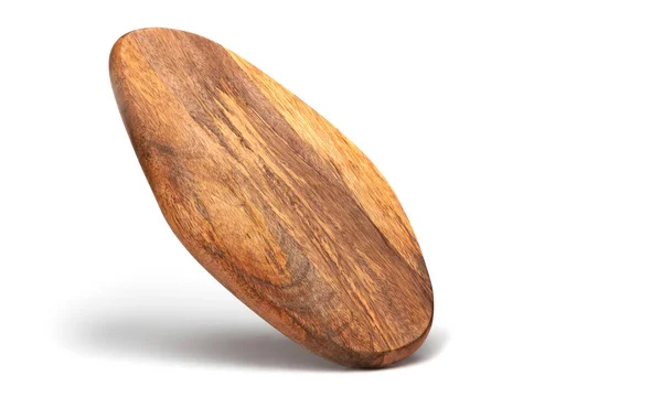 Papan pemenggalan terbang terisolasi di atas putih. Wooden konsep pemotongan papan dalam terbang untuk desain Anda. Bentuk oval papan dapur kayu. — Stok Foto