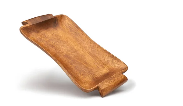 Bandeja de madera para el desayuno aislado en blanco. Concepto de bandeja de madera en vuelo para su diseño. utensilio de cocina de madera para el concepto de alimentos . — Foto de Stock