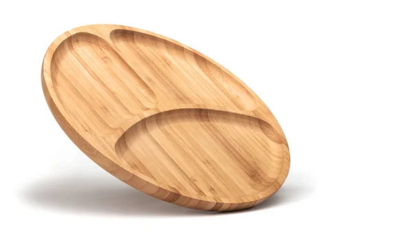 Vliegen lege houten schaal of schaal voor fruit secs en noten top view geïsoleerd op wit. — Stockfoto