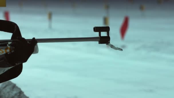 Biathlon. die Schüsse aus einem Gewehr. Nahaufnahme der Mündung eines Gewehrs 8 — Stockvideo