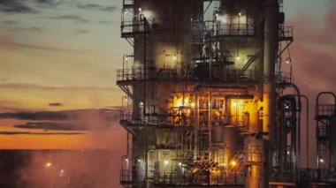 Gökyüzünde petrol ve gaz rafinerisi ya da petrokimya endüstrisi günbatımı arka planı, akşam fabrikası