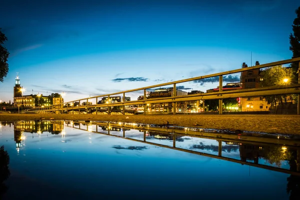 Panoramablick Der Altstadt Schweden Stockholm Gamla Stan Einer Sommernacht Reflexion — Stockfoto