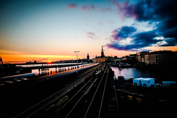 Panoramablick Der Altstadt Schweden Stockholm Gamla Stan Einer Sommernacht Reflexion — Stockfoto
