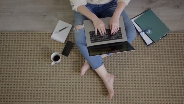 Skupiona kobieta z netbookiem na dywanie. Zrelaksowany wolny strzelec pracujący na laptopie w salonie — Wideo stockowe