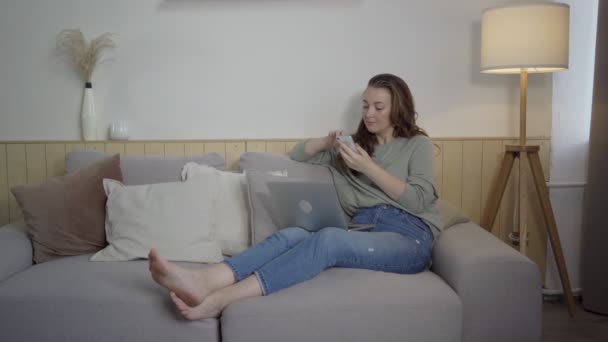 Mulher sorrindo usando telefone na sala de estar. Mulher relaxada com laptop no sofá em casa — Vídeo de Stock