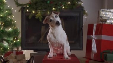 Kutuları ve ışık arka planında Noel ağacı olan küçük sevimli bir köpek. Köpek Jack Russel süslü bir Noel kutusundan fırlıyor.