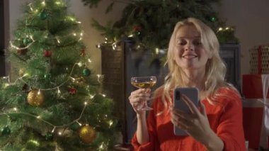 Mutlu kadın dizüstü bilgisayara ve Noel ağacının önündeki telefona bakıyor.. 