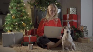 Noel Baba şapkalı mutlu kız dizüstü bilgisayarla alışveriş yapıyor ve güzel bir Noel ağacında şirin bir köpekle oturuyor. Işıklar ve hediyeler festival odasında. Noel indirimi ve indirim konsepti