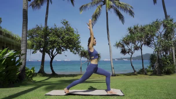Mujer haciendo Yoga. Hermosa joven haciendo ejercicio de estiramiento afuera. — Vídeos de Stock