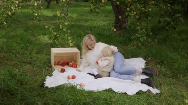 Mama i córka zbierają jabłka i odpoczywają na trawie. Dziecko z młodą matką jedzącą jabłko w jesiennym parku. — Wideo stockowe