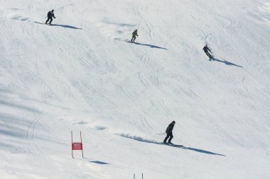 Altay'da kayakçılar yokuş aşağı iniyor, 08 Mart 2016, Gorno-Altaysk.