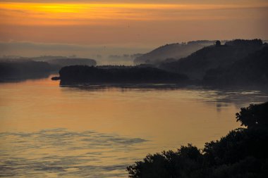 Nehir vadisinin üzerinde sabah sisi. Gökyüzünde şafaktan gelen altın parıltısı ve sudaki refleks. Gün doğumunda gökyüzünde uçan kuşlar. Ormanlı nehir kıyısında sis. Görkemli doğanın renkli atmosferik manzara. 