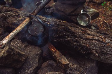Büyük yakacak odun su ısıtıcısı ile söndürüldü şenlik ateşi. Soyu tükenmiş şenlik ateşi yakın çekim. Alacakaranlıkta terk edilmiş kamp. Evsizlerin orman meskeni. Ateş yok. Alacakaranlıkta aktif açık hava eğlencesi. Doğada temiz hava.
