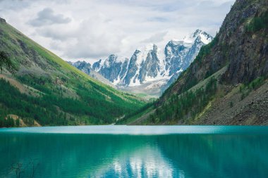 Dağlık dağlardaki dağ gölünde su parlat. Harika dev karlı dağlar. Dere buzuldan akar. Sırtta beyaz berrak kar. Görkemli Altay doğasının muhteşem atmosferik manzarası.