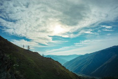Tepelik dağların arasında vadinin nefes kesen bir manzara. Uzaktaki mavi dağlar. Rusya, Altay Dağları.