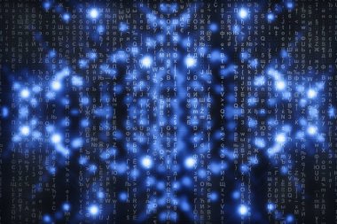 Mavi dijital arka plan üzerine matris. Karakterler düşer. Semboller akışı. Kopya alanı ile parlak sanal gerçeklik. Işıltı arka planı. Karmaşık algoritma. Düşen harfler ve sayılar. Bilgisayar korsanlığı.