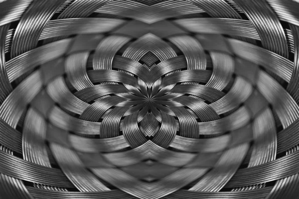 对称银金属柳条纹理特写 体积钢表面的详细背景 宏观中抽象的灰色编织线 具有复制空间的超现实形状 不寻常的黑白空间 — 图库照片