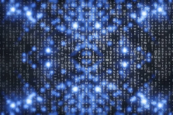 蓝色数字背景上的矩阵 字符掉落 符号流 具有复制空间的闪亮虚拟现实 闪闪发光的背景 复杂算法 字母和数字下降 黑客电脑 — 图库照片