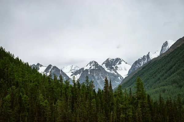 Topo Montanha Nevado Entre Grandes Montanhas Sob Céu Nublado Cume — Fotografia de Stock