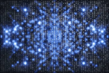 Mavi dijital arka plan üzerine matris. Karakterler düşer. Semboller akışı. Kopya alanı ile parlak sanal gerçeklik. Işıltı arka planı. Karmaşık algoritma. Düşen harfler ve sayılar. Bilgisayar korsanlığı.