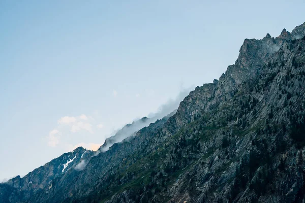 Gespenstische Riesige Felsen Mit Bäumen Dichten Nebel Geheimnisvoller Riesiger Berg — Stockfoto