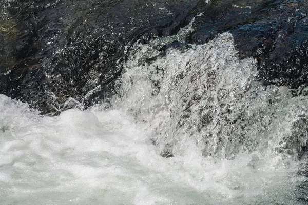 Natural texture of foamed water surface. Rapids of river close-up. Fast flow in mountain creek. Background of clean water waves with copy space. Textured foam of shiny stream. Fast river texture.