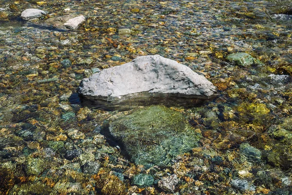 Varicolored detailed texture of stony bottom of transparent brook close up. Big boulder in clean water of mountain creek. Colorful background of smooth stones in river stream with copy space.