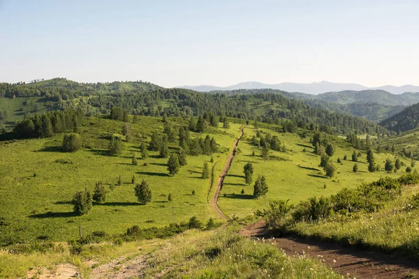 Der Feldweg Führt Die Berge — Stockfoto