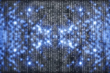 Mavi dijital arka plan üzerine matris. Karakterler düşer. Semboller akışı. Kopya alanı ile parlak sanal gerçeklik. Işıltı arka planı. Karmaşık algoritma. Düşen harfler ve sayılar. Bilgisayar korsanlığı.