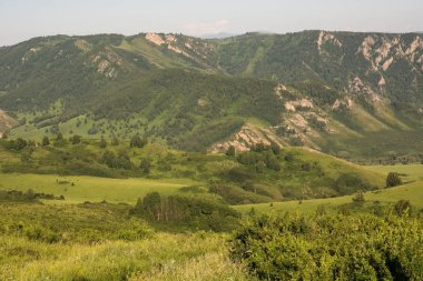 Şafak güneş ışığında atmosferik dağ yeşili manzara. Uzakta, dağların birçok katmanını görebilirsiniz..
