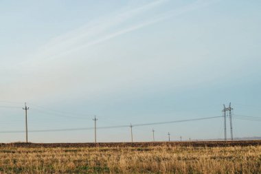 Mavi gökyüzü altında sarı alanda güç hatları ile atmosferik manzara. Kopyalama alanı ile elektrik direkleri arka plan görüntüsü. Yerden yüksek voltajlı kablolar. Elektrik endüstrisi.