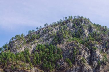 Yeşillikli güzel kayalık yeşil dağ. Kaya ve gökyüzü ile doğal dokulu arka plan.