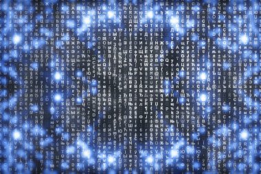 Mavi dijital arka plan üzerine matris. Karakterler düşer. Semboller akışı. Kopya alanı ile parlak sanal gerçeklik. Işıltı arka planı. Karmaşık algoritma. Düşen harfler ve sayılar. Bilgisayar korsanlığı.
