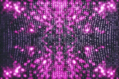 Pembe matris dijital arka plan. Soyut siber uzay kavramı. Karakterler düşer. Semboller akışından matris. Sanal gerçeklik tasarımı. Karmaşık algoritma veri hackleme. Pembe dijital kıvılcımlar.