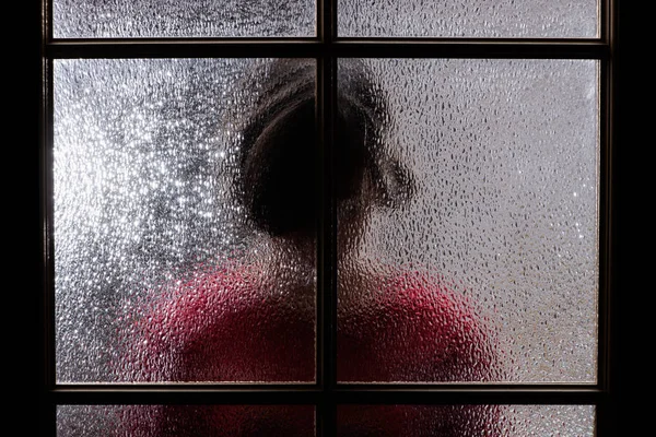 Dark Silhouette Girl Red Glass Locked Alone Room Door Halloween — Stock Photo, Image